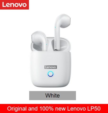 100%NEW Original Lenovo LP50 TWS Wireless Earphone Bluetooth 5.0 Dual Stereo Noise Reduction Bass Touch Control Long Standby-White