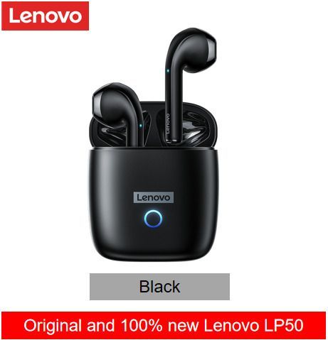 100%NEW Original Lenovo LP50 TWS Wireless Earphone Bluetooth 5.0 Dual Stereo Noise Reduction Bass Touch Control Long Standby-Black