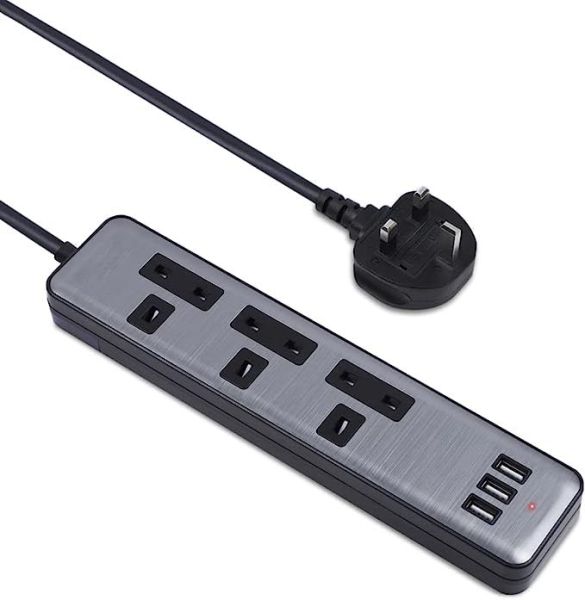 Rangenine Extension 3 Outlets 3 Quick USB (5V 3.1A) Power Strip,Charging Station,UK Multi Plug,6Ft Long Cord,Wall Mount,Charging Station Cable, Dorm Room Multi Plug Extender, Overload Protect, Black